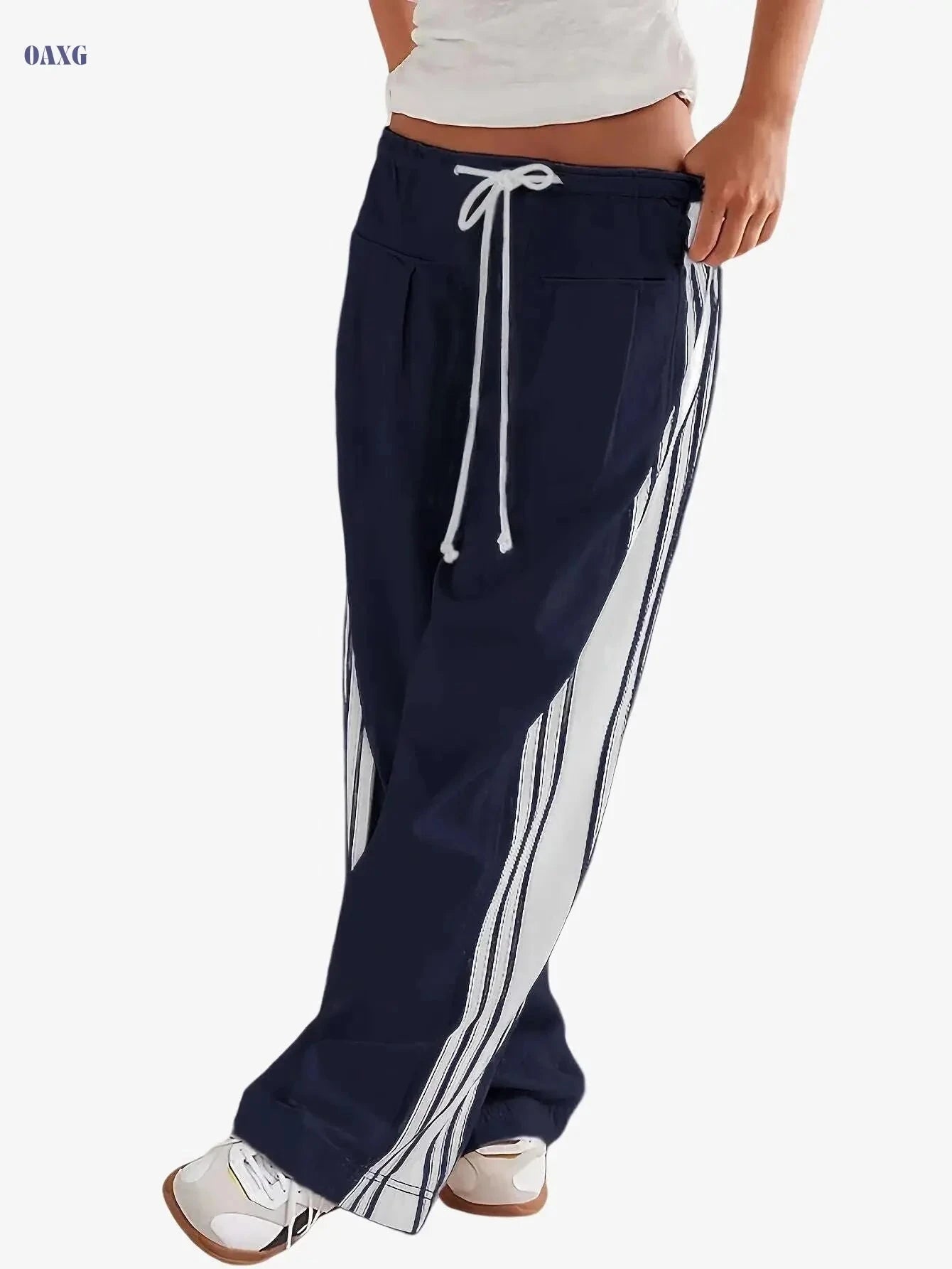 Women's High-Waist Striped Wide Leg Sweatpants - Pockets & Drawstring   OAXG 
