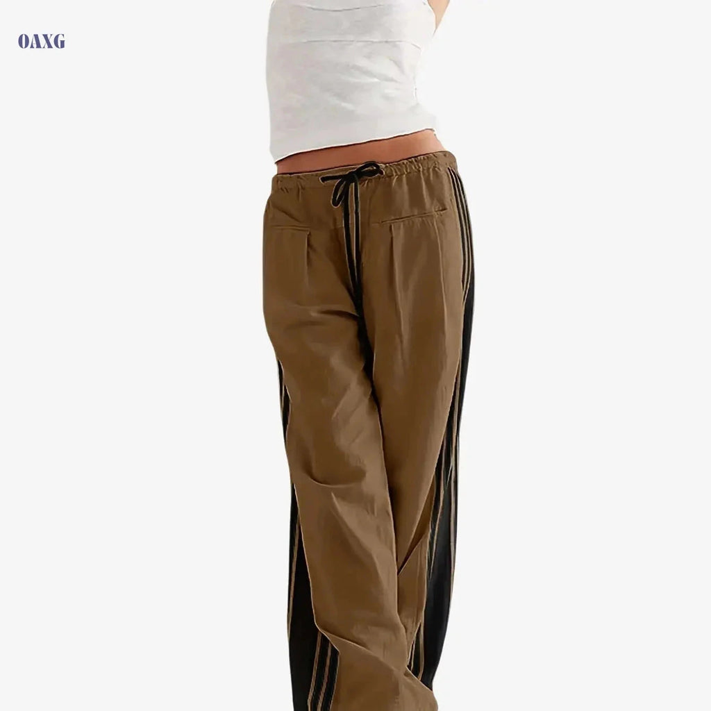 Women's High-Waist Striped Wide Leg Sweatpants - Pockets & Drawstring   OAXG 