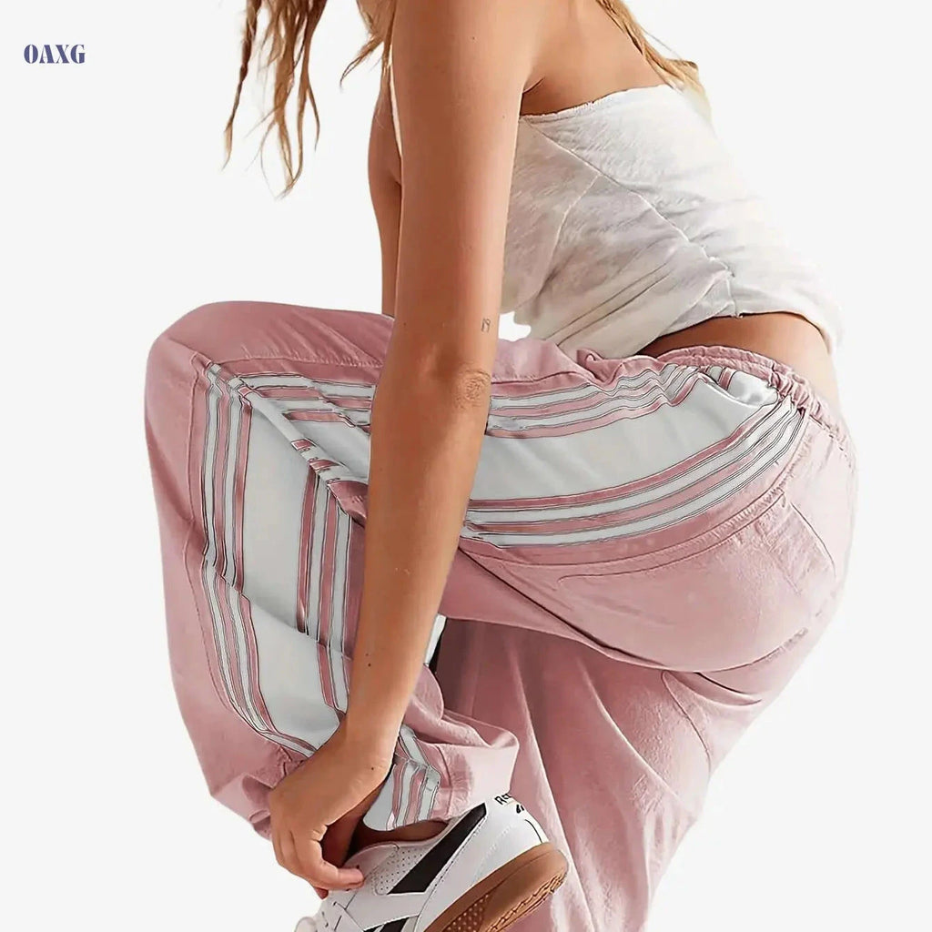 Women's High-Waist Striped Wide Leg Sweatpants - Pockets & Drawstring   OAXG 