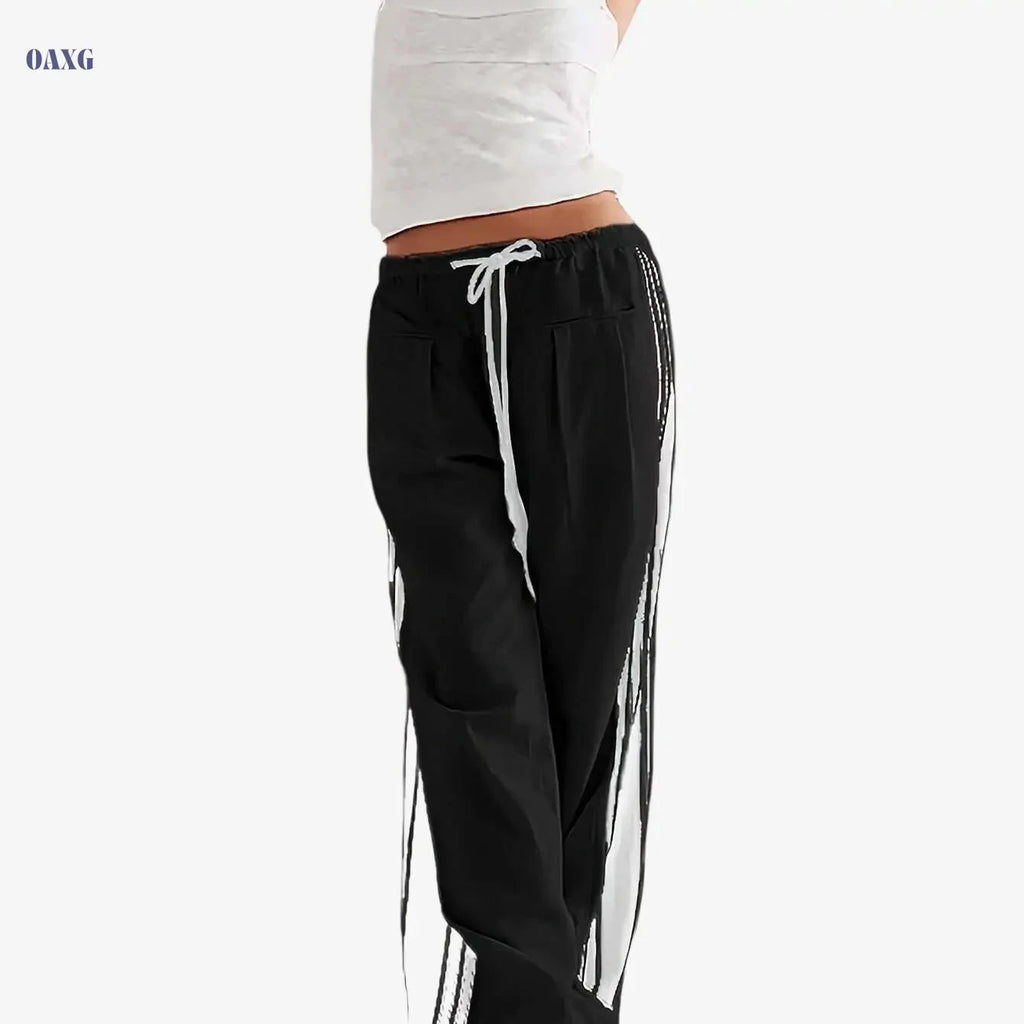 Women's High-Waist Striped Wide Leg Sweatpants - Pockets & Drawstring   OAXG 