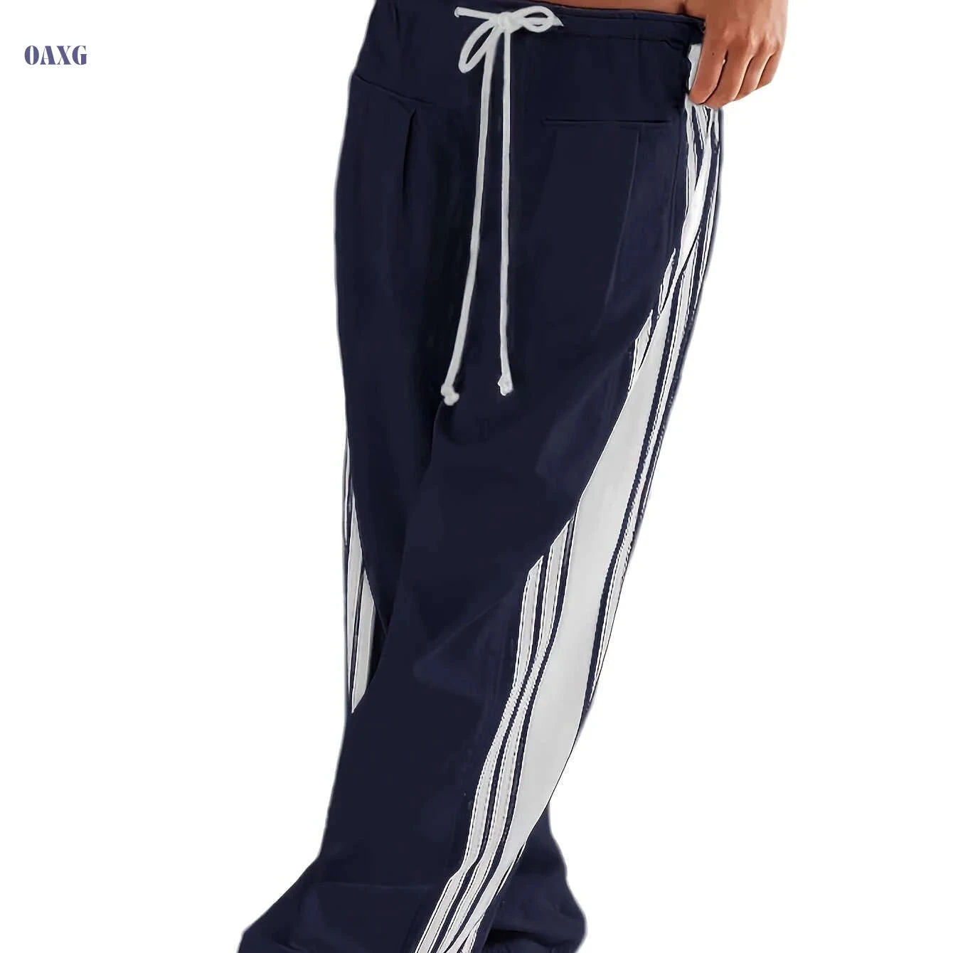 Women's High-Waist Striped Wide Leg Sweatpants - Pockets & Drawstring   OAXG 