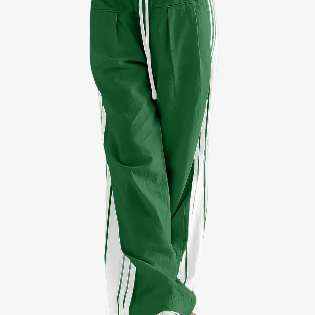 Women's High-Waist Striped Wide Leg Sweatpants - Pockets & Drawstring   OAXG Beige / XS
