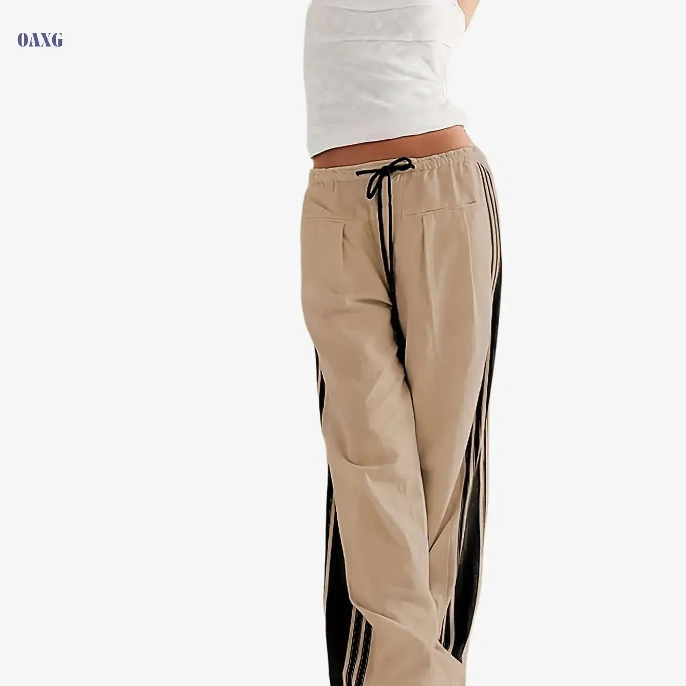 Women's High-Waist Striped Wide Leg Sweatpants - Pockets & Drawstring   OAXG 