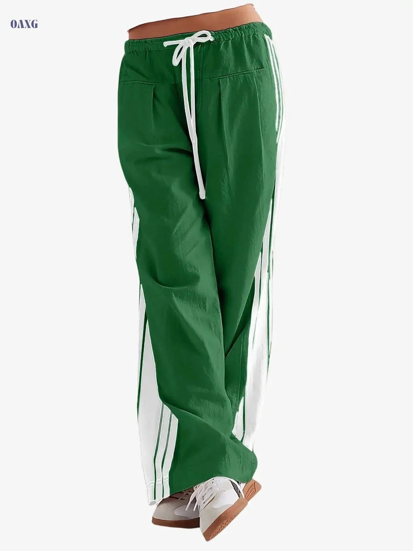 Women's High-Waist Striped Wide Leg Sweatpants - Pockets & Drawstring   OAXG 