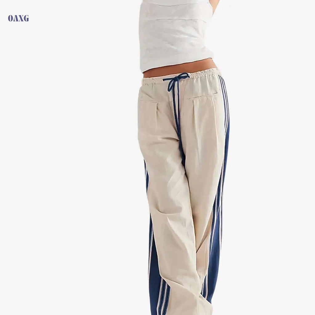Women's High-Waist Striped Wide Leg Sweatpants - Pockets & Drawstring   OAXG 