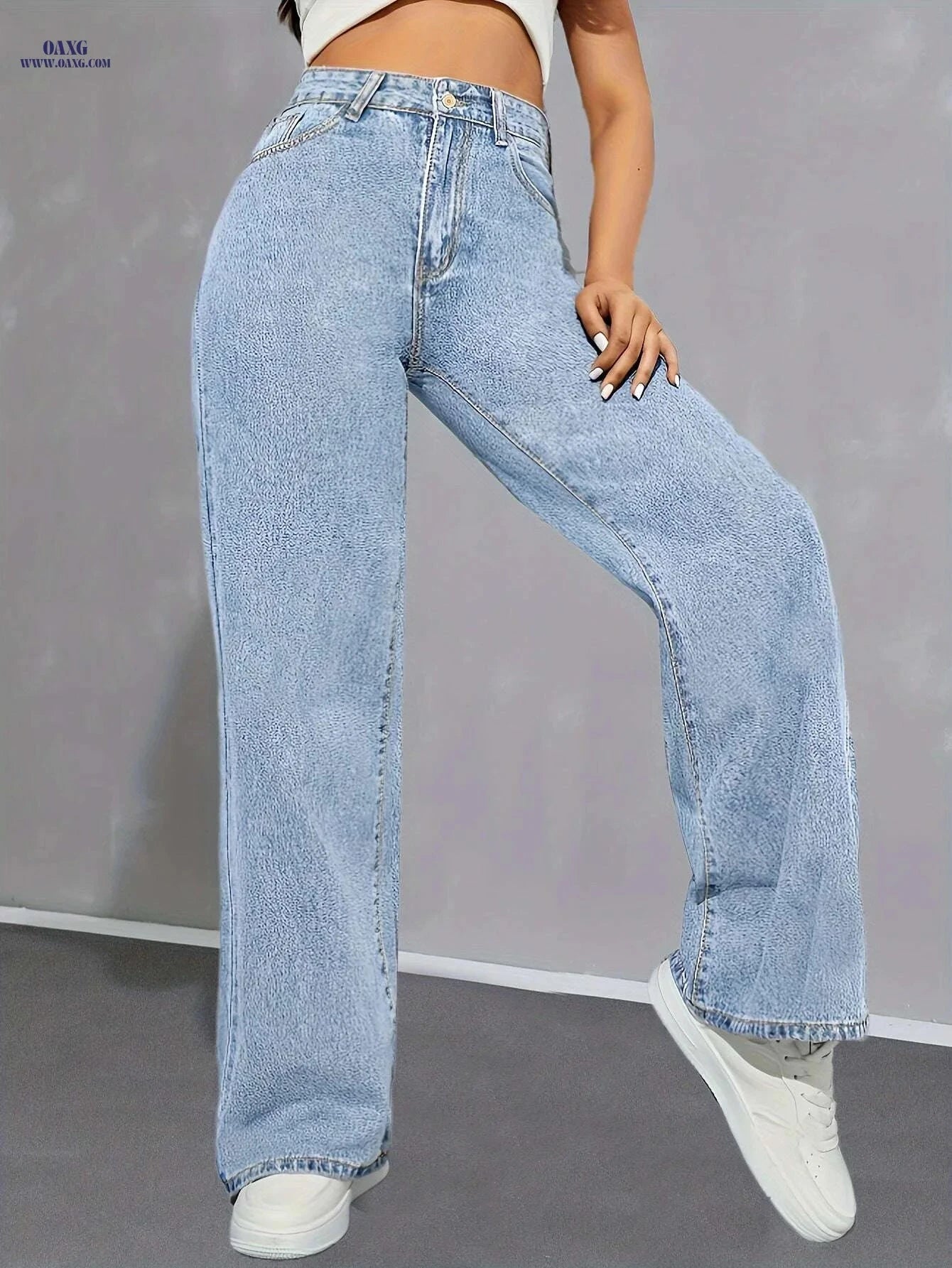 Women's High-Waist Wide Leg Denim Jeans - Light Blue Casual Comfort   OAXG 