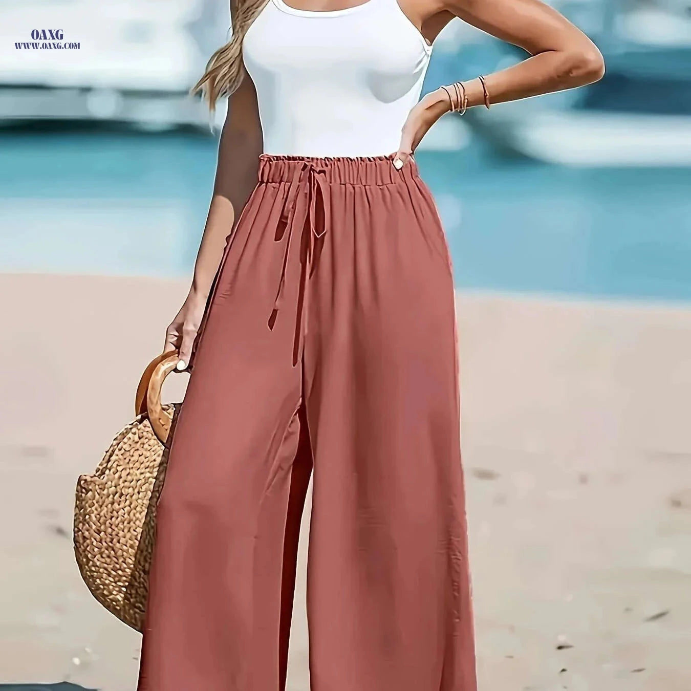 Women's High-Waist Wide-Leg Pants - Breathable Casual Trousers   OAXG Khaki / S