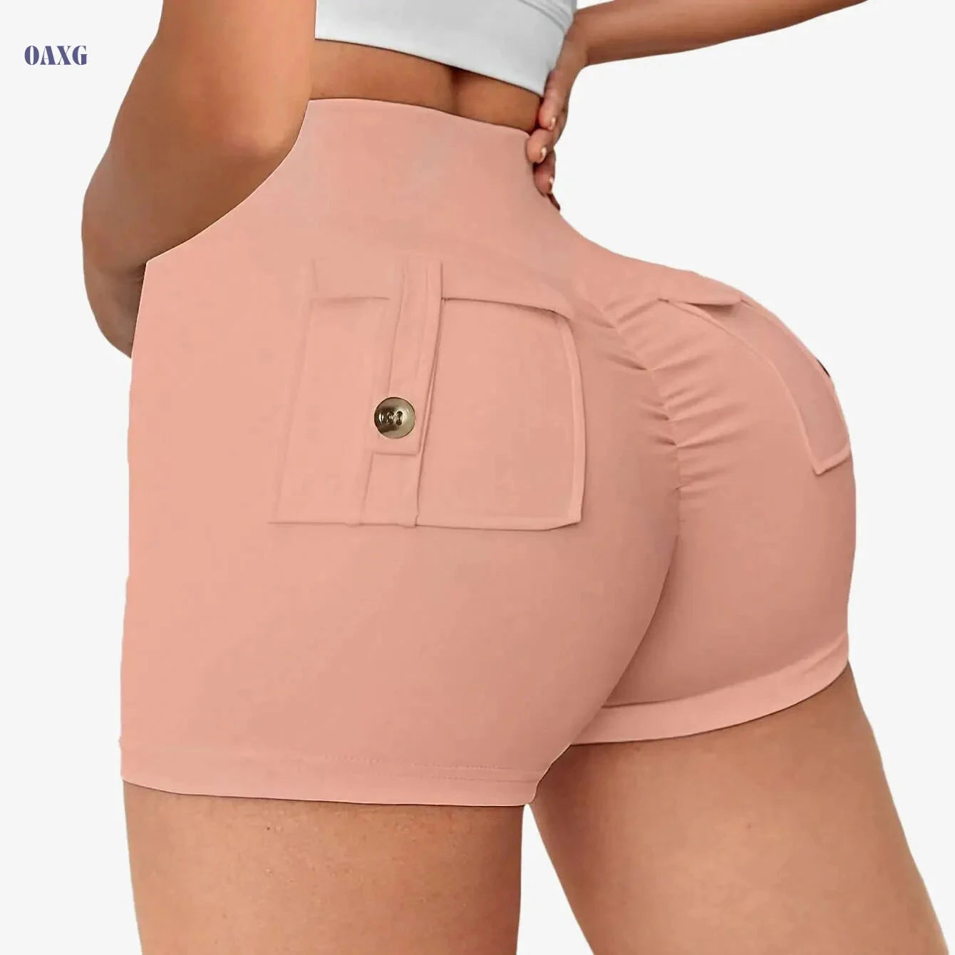 Women's High-Waist Yoga Shorts with Pockets - Stretchy & Anti-See-Through   OAXG 