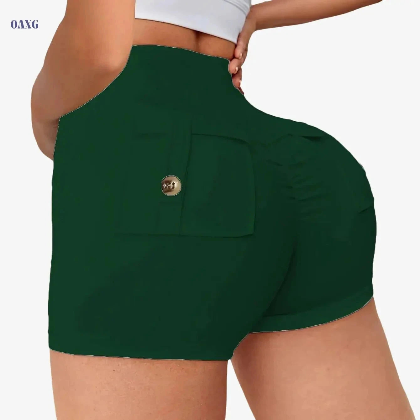 Women's High-Waist Yoga Shorts with Pockets - Stretchy & Anti-See-Through   OAXG 