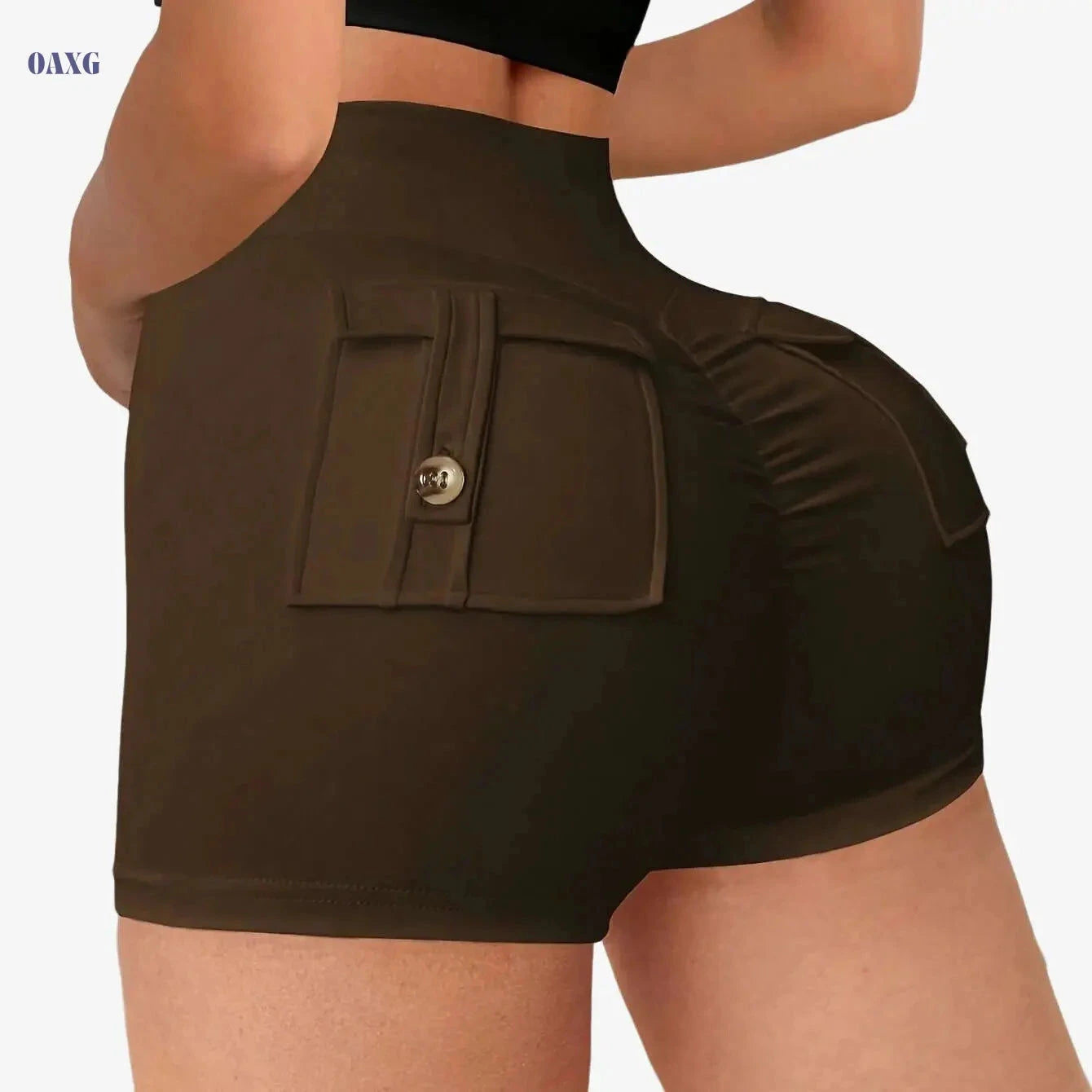 Women's High-Waist Yoga Shorts with Pockets - Stretchy & Anti-See-Through   OAXG Black / S