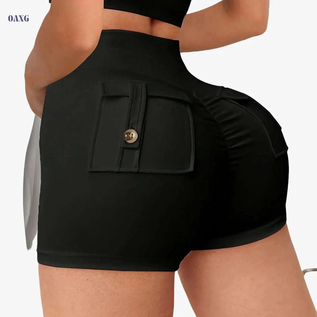 Women's High-Waist Yoga Shorts with Pockets - Stretchy & Anti-See-Through   OAXG Black / S