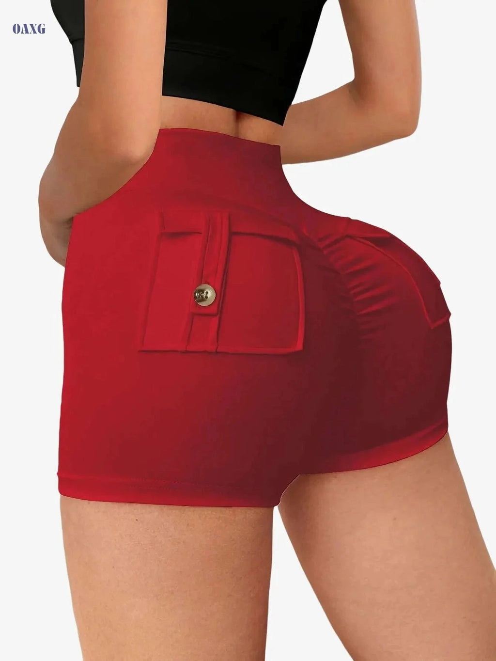 Women's High-Waist Yoga Shorts with Pockets - Stretchy & Anti-See-Through   OAXG Black / S