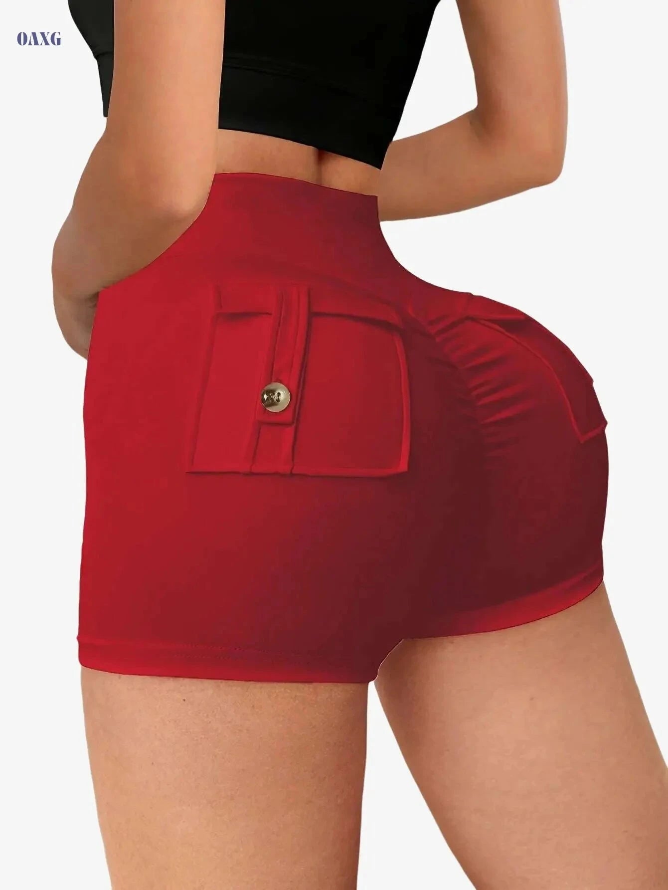 Women's High-Waist Yoga Shorts with Pockets - Stretchy & Anti-See-Through   OAXG Black / S