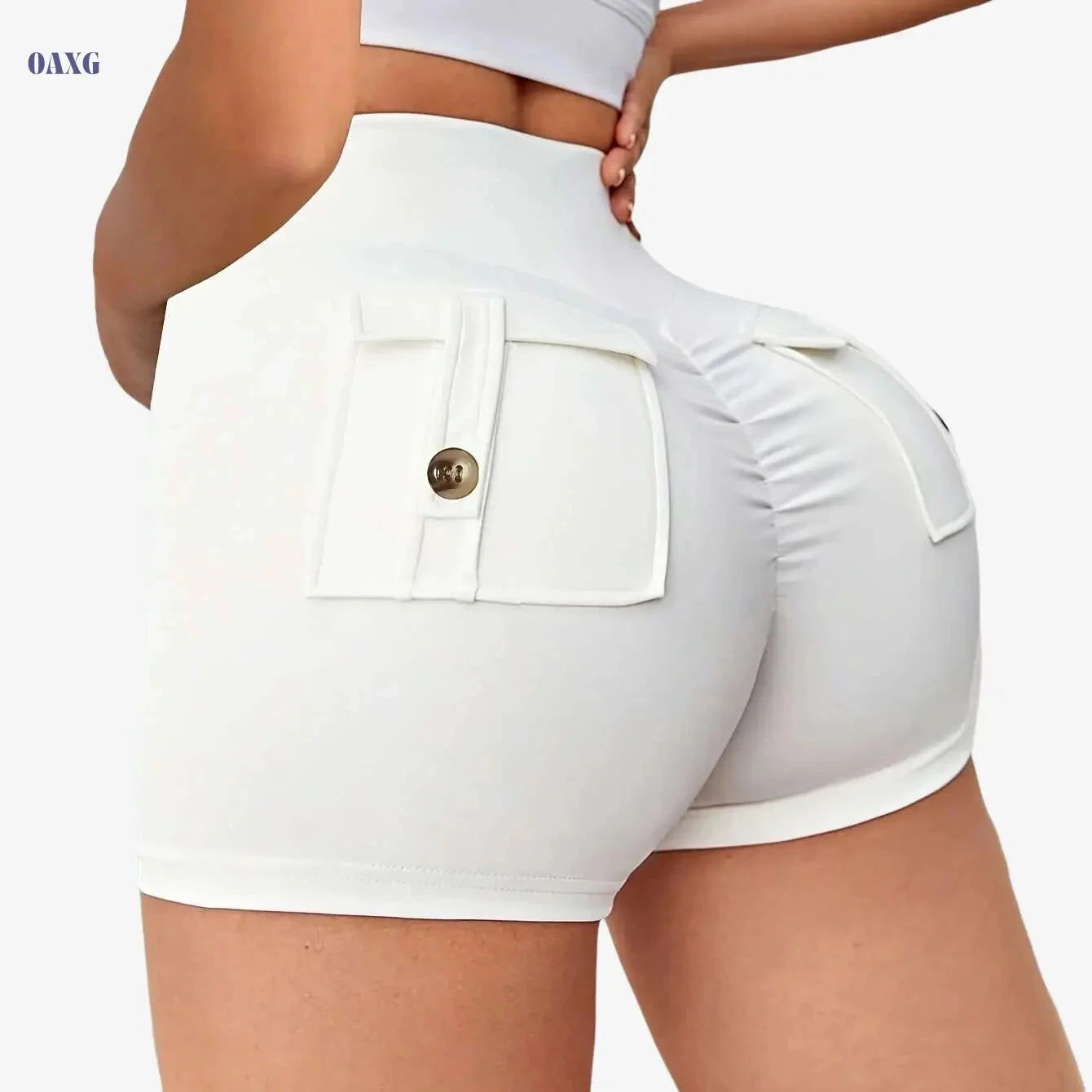 Women's High-Waist Yoga Shorts with Pockets - Stretchy & Anti-See-Through   OAXG 