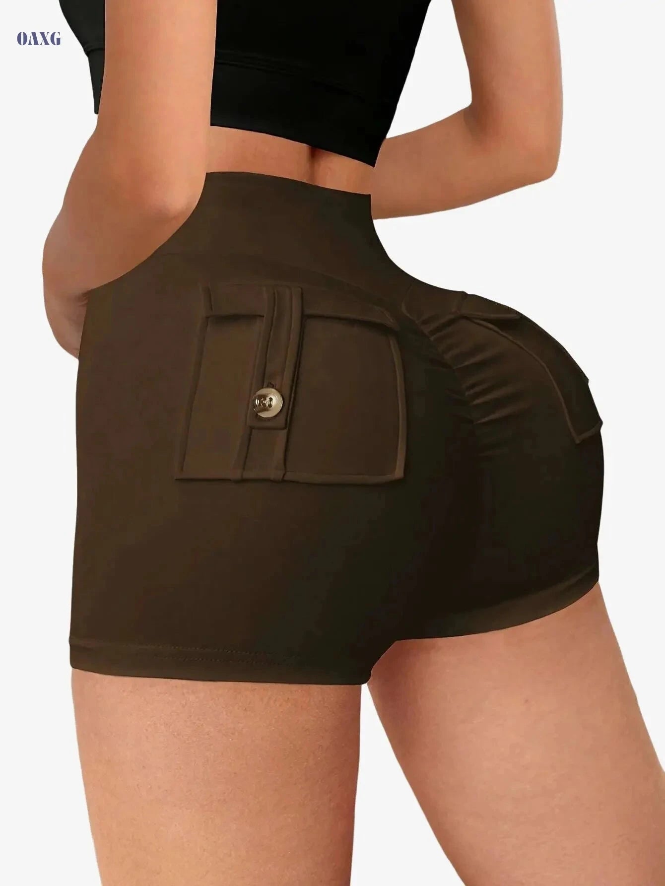 Women's High-Waist Yoga Shorts with Pockets - Stretchy & Anti-See-Through   OAXG 
