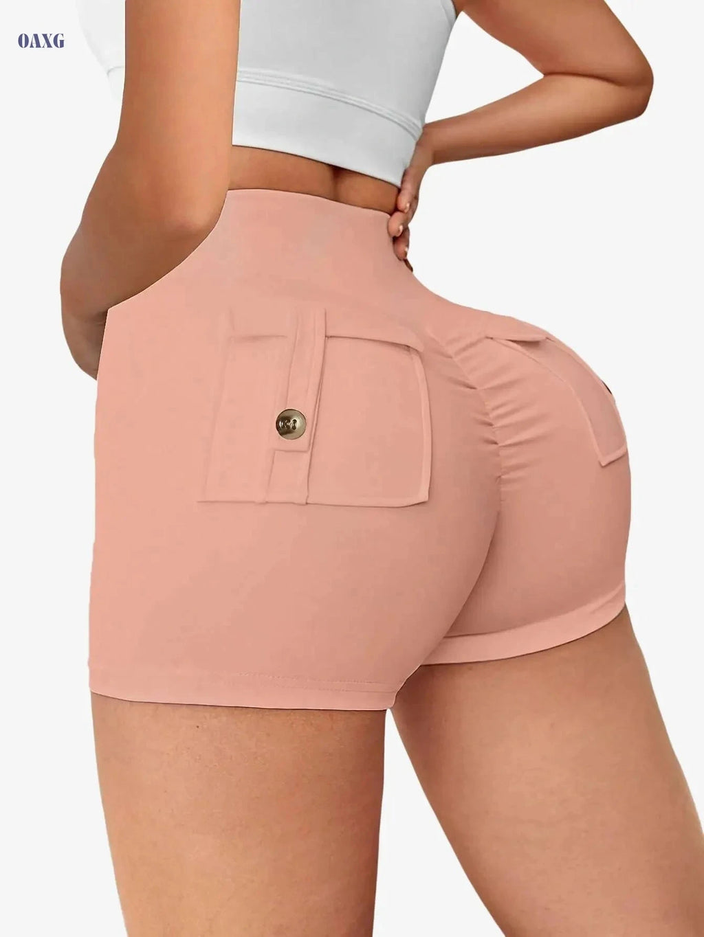 Women's High-Waist Yoga Shorts with Pockets - Stretchy & Anti-See-Through   OAXG 