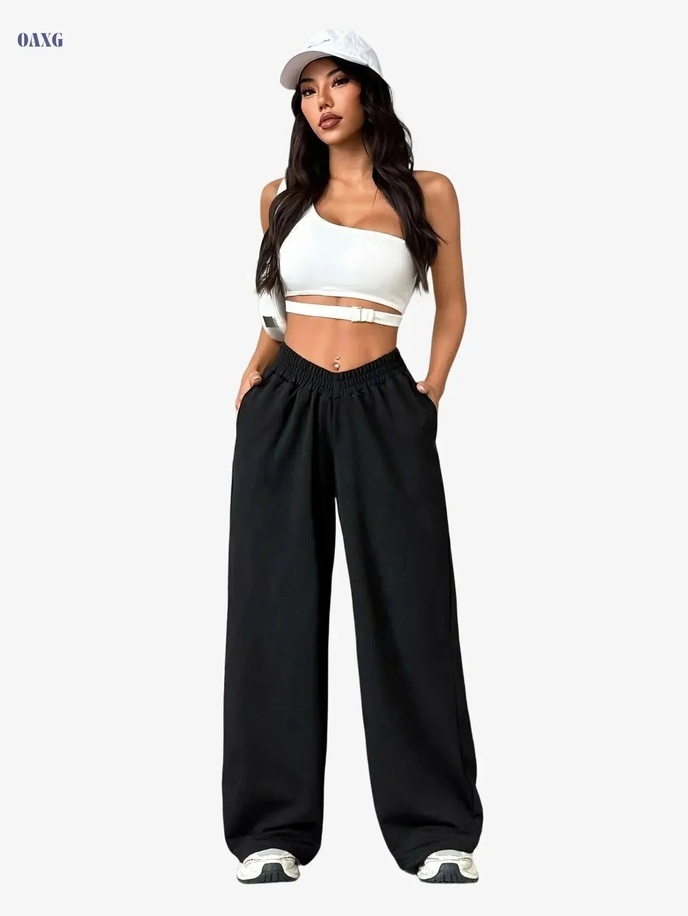 Women's High-Waisted Athletic Joggers with Pockets - Light Beige Fit   OAXG Black / S