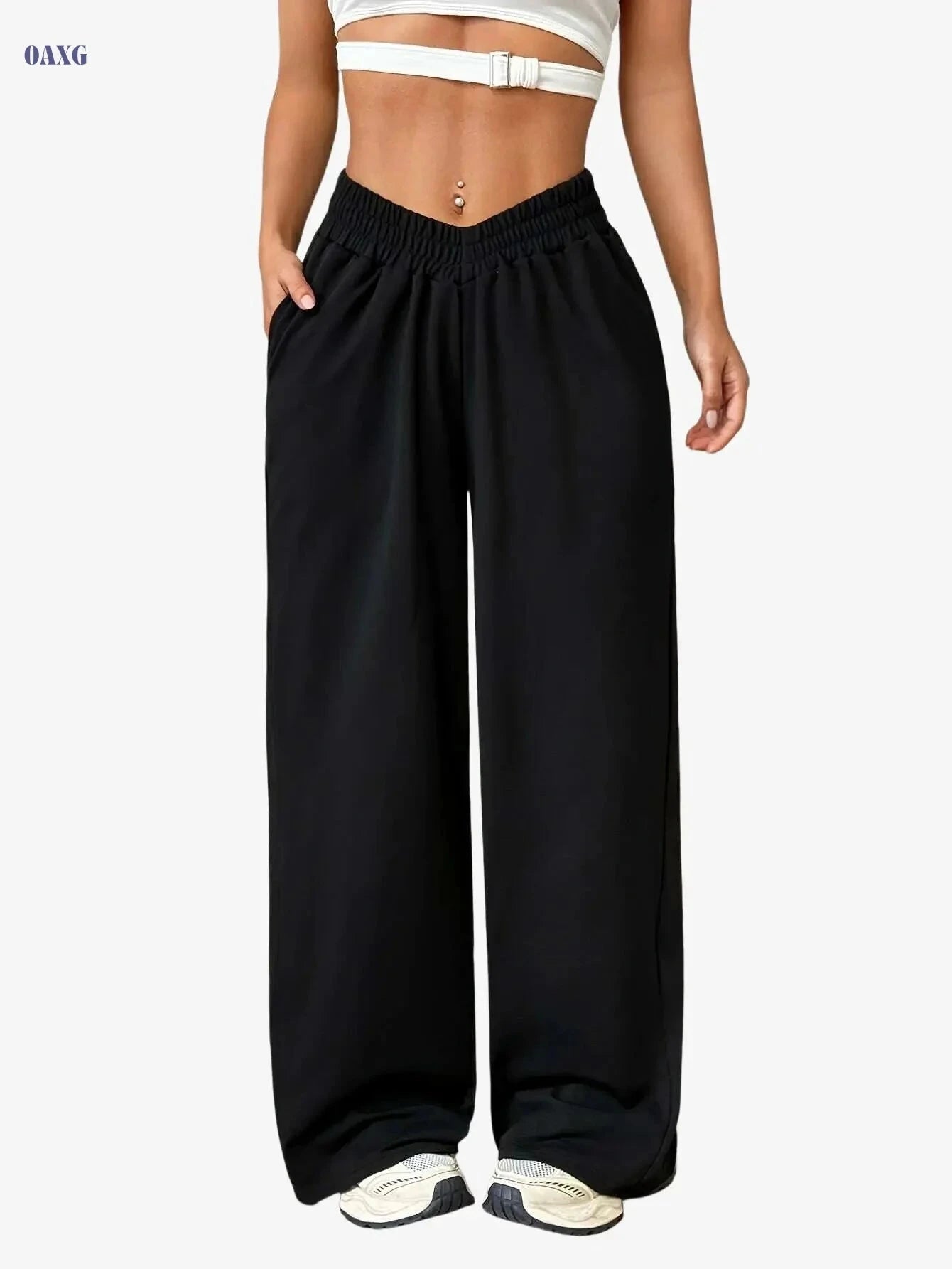 Women's High-Waisted Athletic Joggers with Pockets - Light Beige Fit   OAXG 