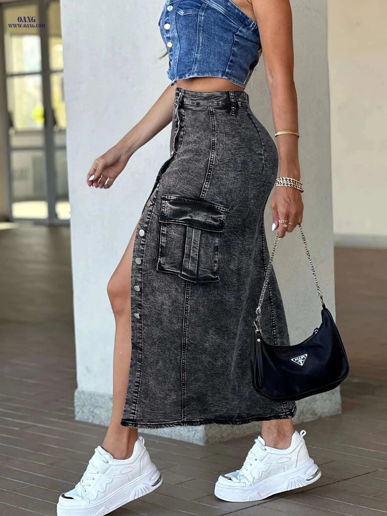 Women's High-Waisted Bodycon Skirt - Elastic Fabric, Flap Closure   OAXG Dark Gray / XS