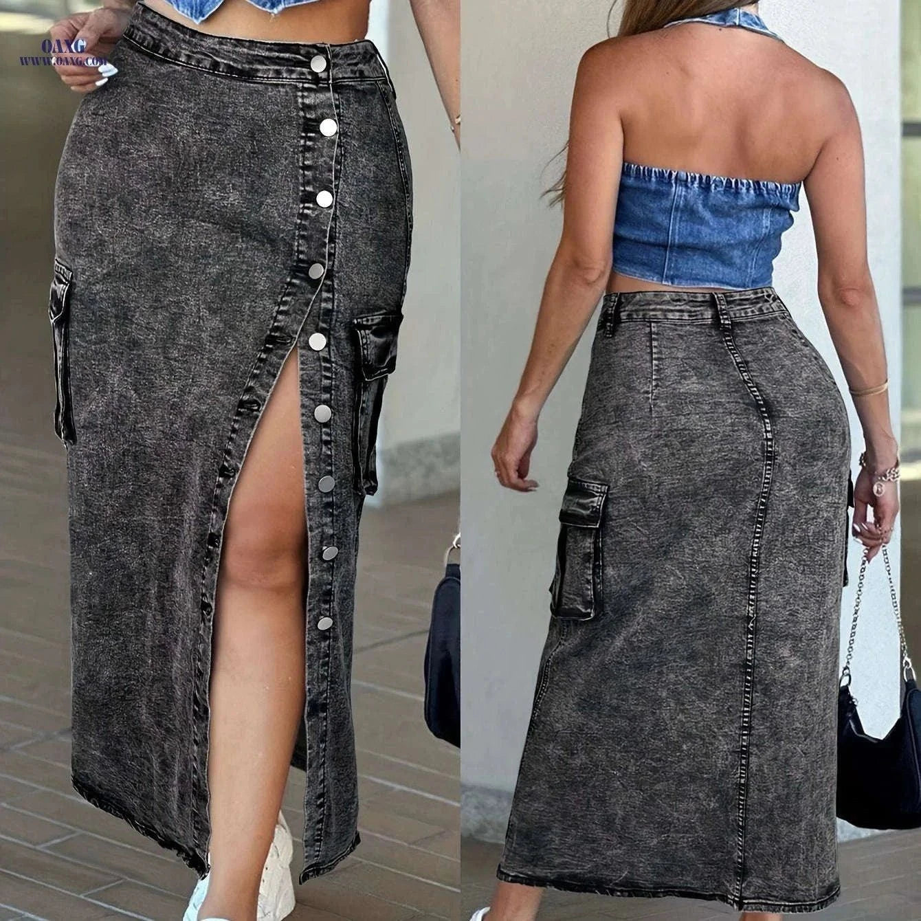 Women's High-Waisted Bodycon Skirt - Elastic Fabric, Flap Closure   OAXG Dark Gray / XS