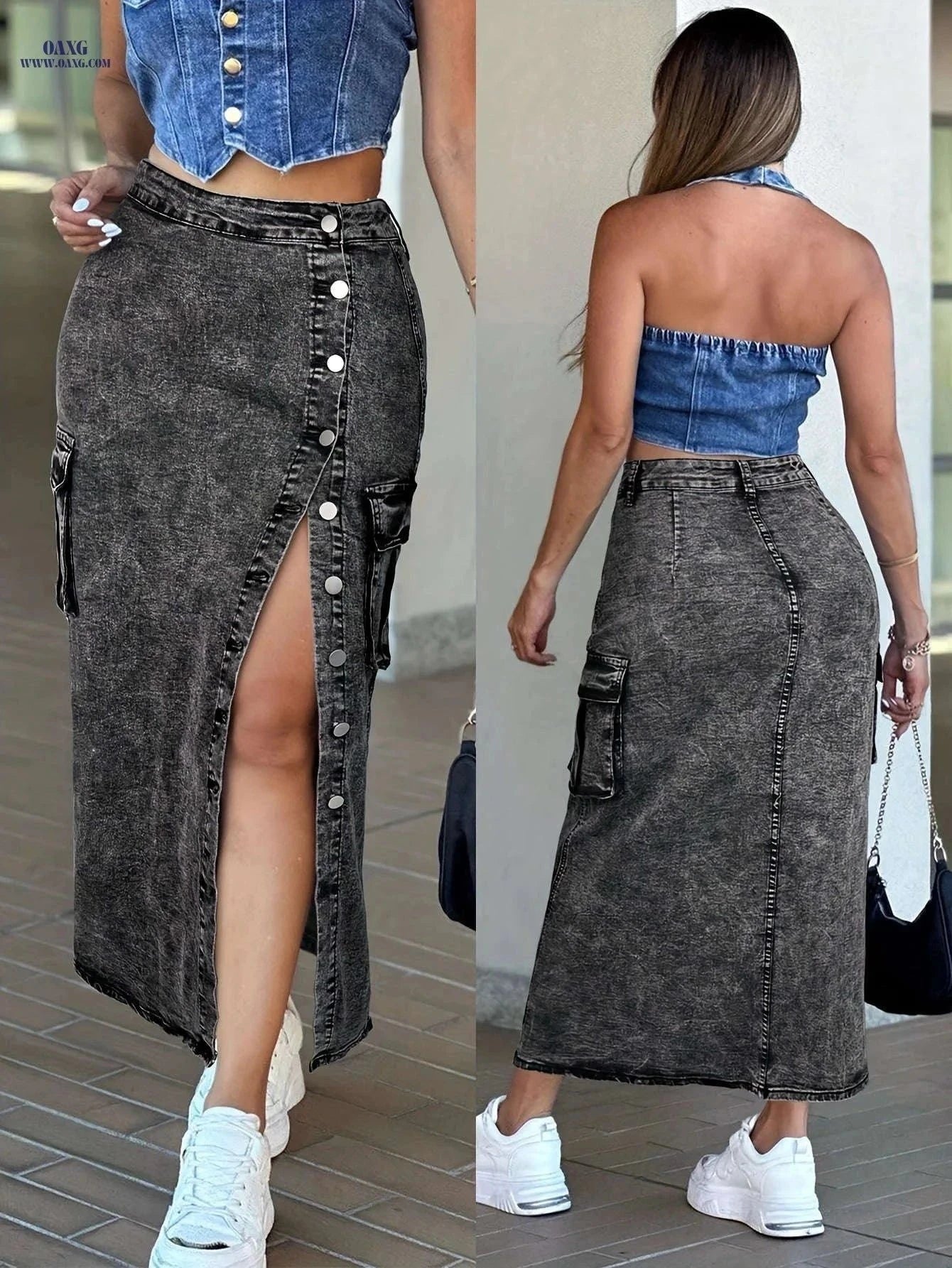 Women's High-Waisted Bodycon Skirt - Elastic Fabric, Flap Closure   OAXG Dark Gray / XS