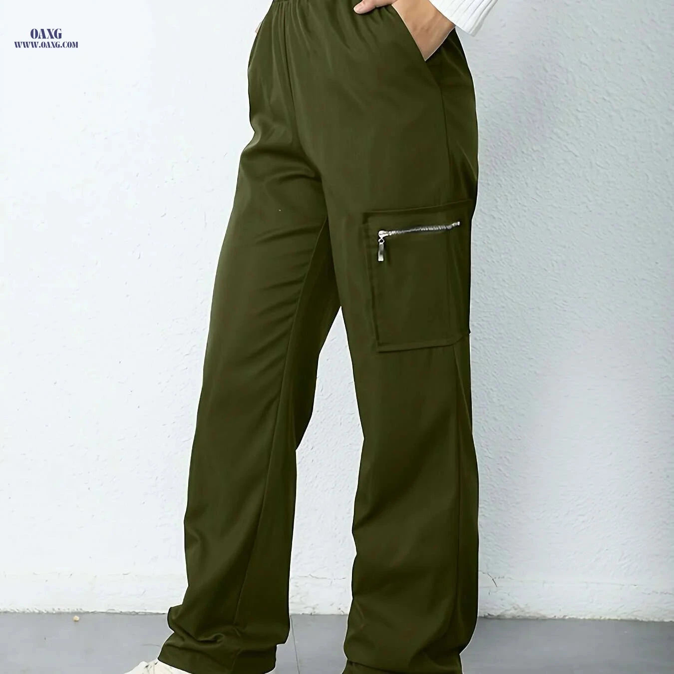 Women's High-Waisted Cargo Pants - Elastic Waistband, Side Pockets   OAXG 