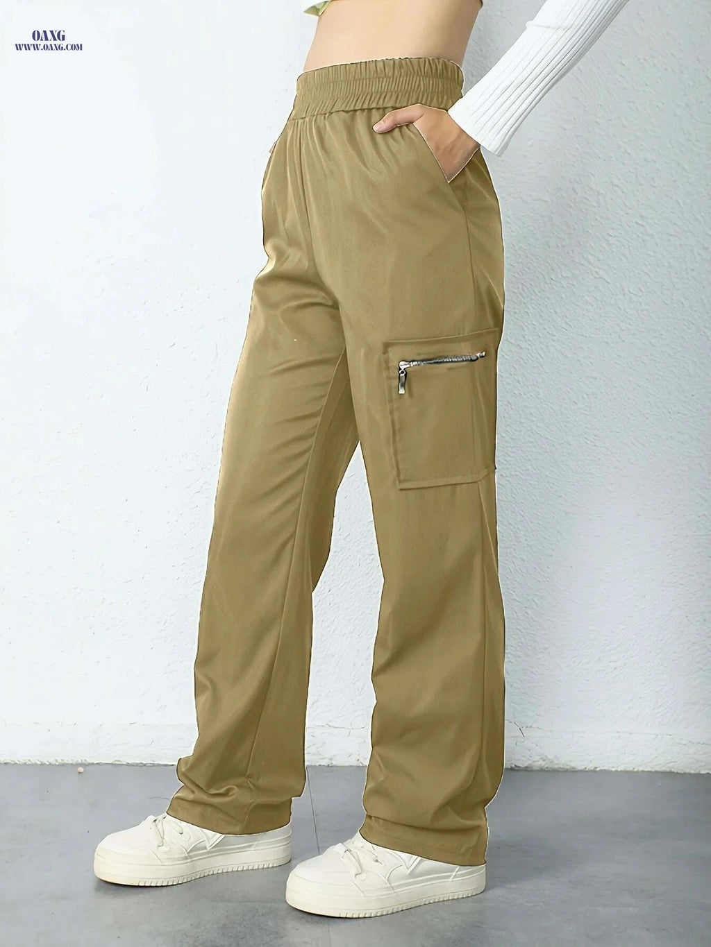 Women's High-Waisted Cargo Pants - Elastic Waistband, Side Pockets   OAXG 