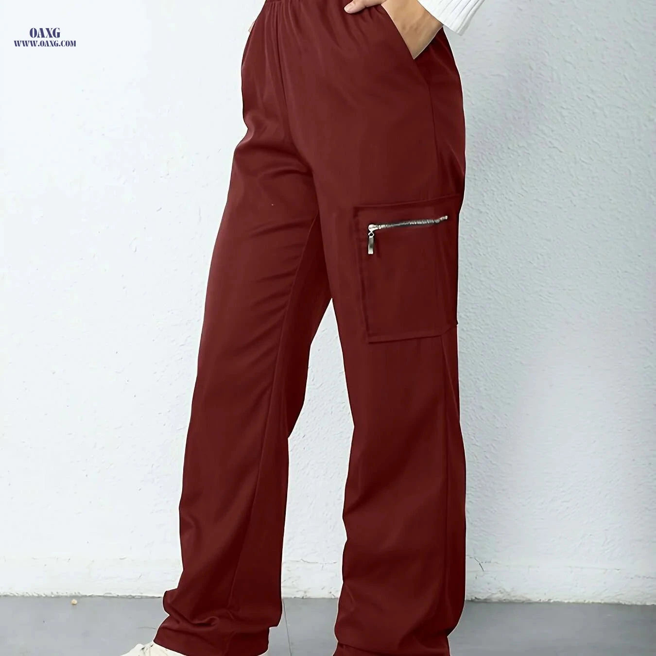 Women's High-Waisted Cargo Pants - Elastic Waistband, Side Pockets   OAXG 