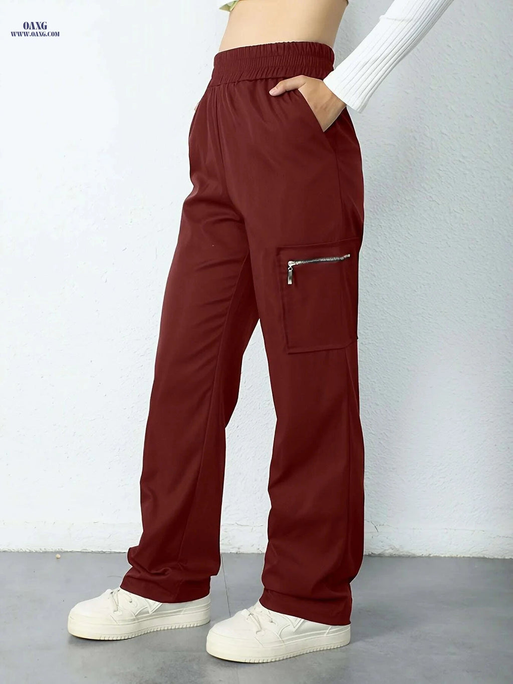 Women's High-Waisted Cargo Pants - Elastic Waistband, Side Pockets   OAXG 