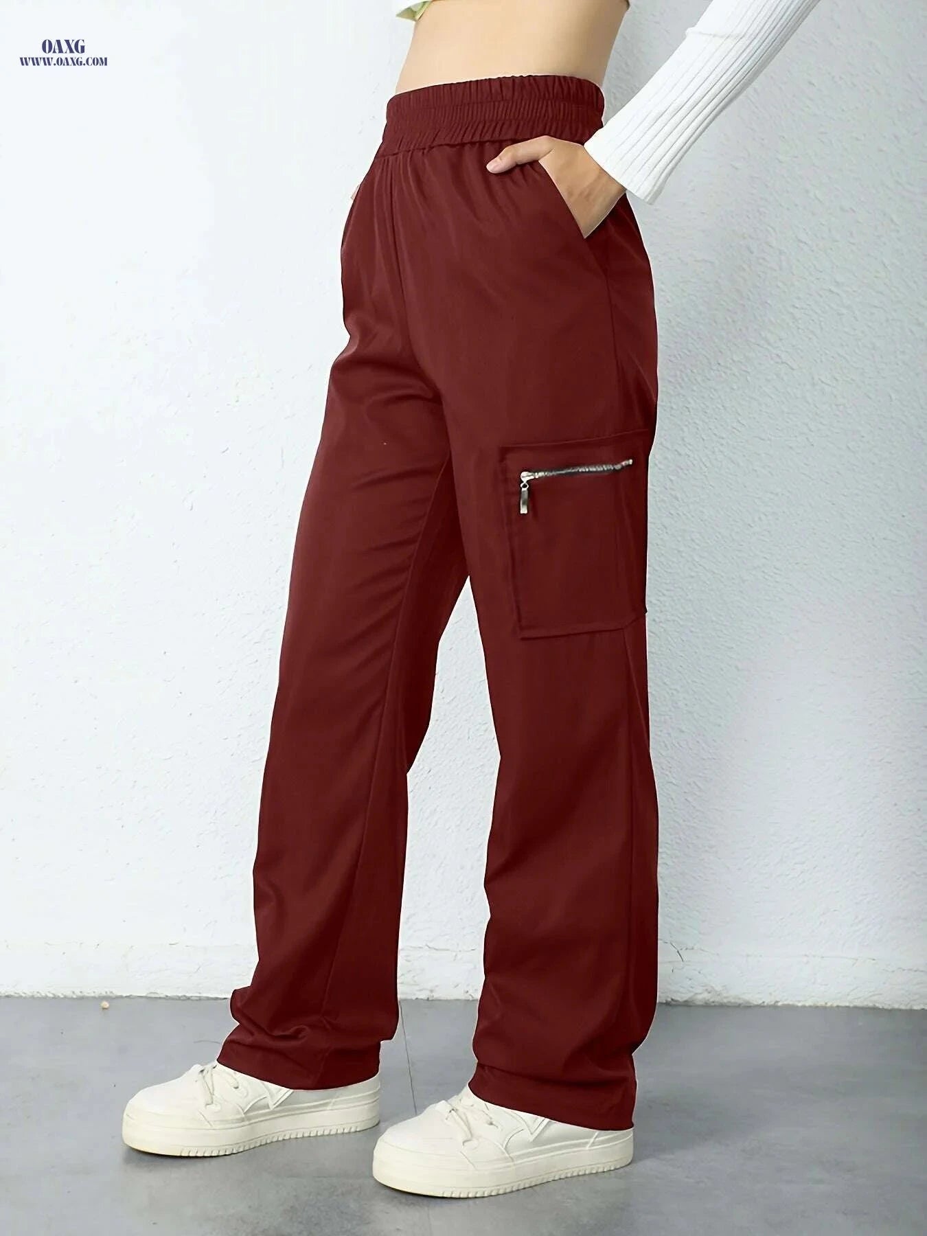 Women's High-Waisted Cargo Pants - Elastic Waistband, Side Pockets   OAXG 