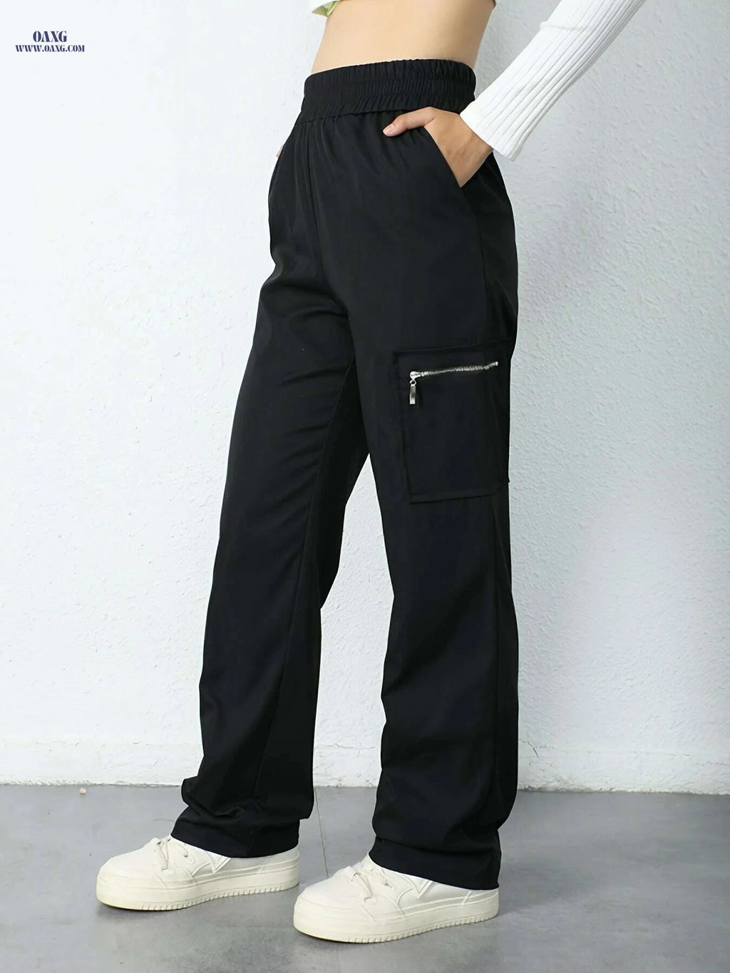 Women's High-Waisted Cargo Pants - Elastic Waistband, Side Pockets   OAXG Black / S
