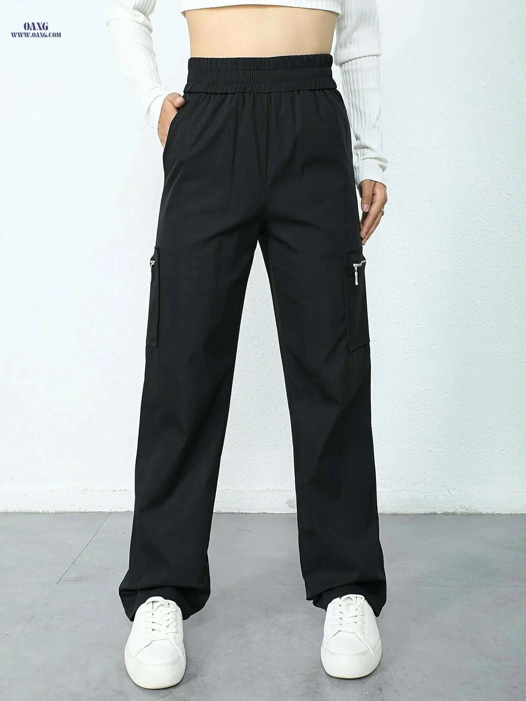 Women's High-Waisted Cargo Pants - Elastic Waistband, Side Pockets   OAXG 