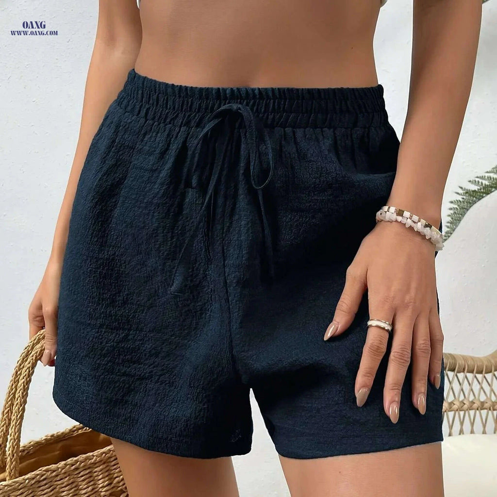 Women's High-Waisted Casual Drawstring Beach Shorts - Solid Color   OAXG 