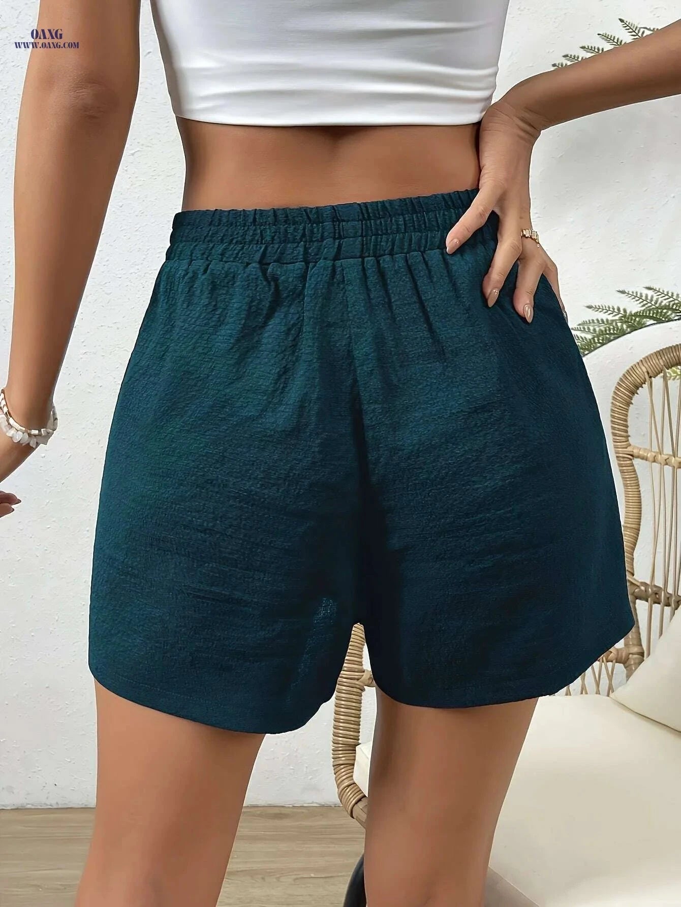 Women's High-Waisted Casual Drawstring Beach Shorts - Solid Color   OAXG 