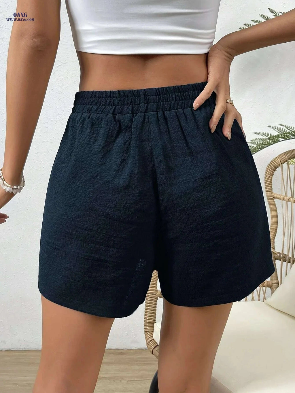 Women's High-Waisted Casual Drawstring Beach Shorts - Solid Color   OAXG 