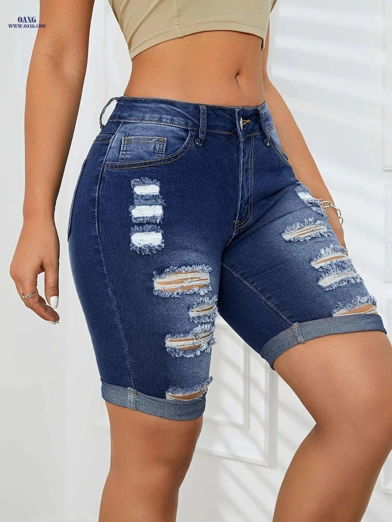 Women's High-Waisted Denim Bermuda Shorts - Distressed Knee Rips   OAXG Blue / XS