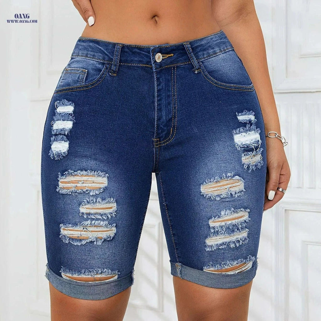 Women's High-Waisted Denim Bermuda Shorts - Distressed Knee Rips   OAXG Blue / XS