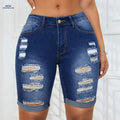 Women's High-Waisted Denim Bermuda Shorts - Distressed Knee Rips   OAXG Blue / XS