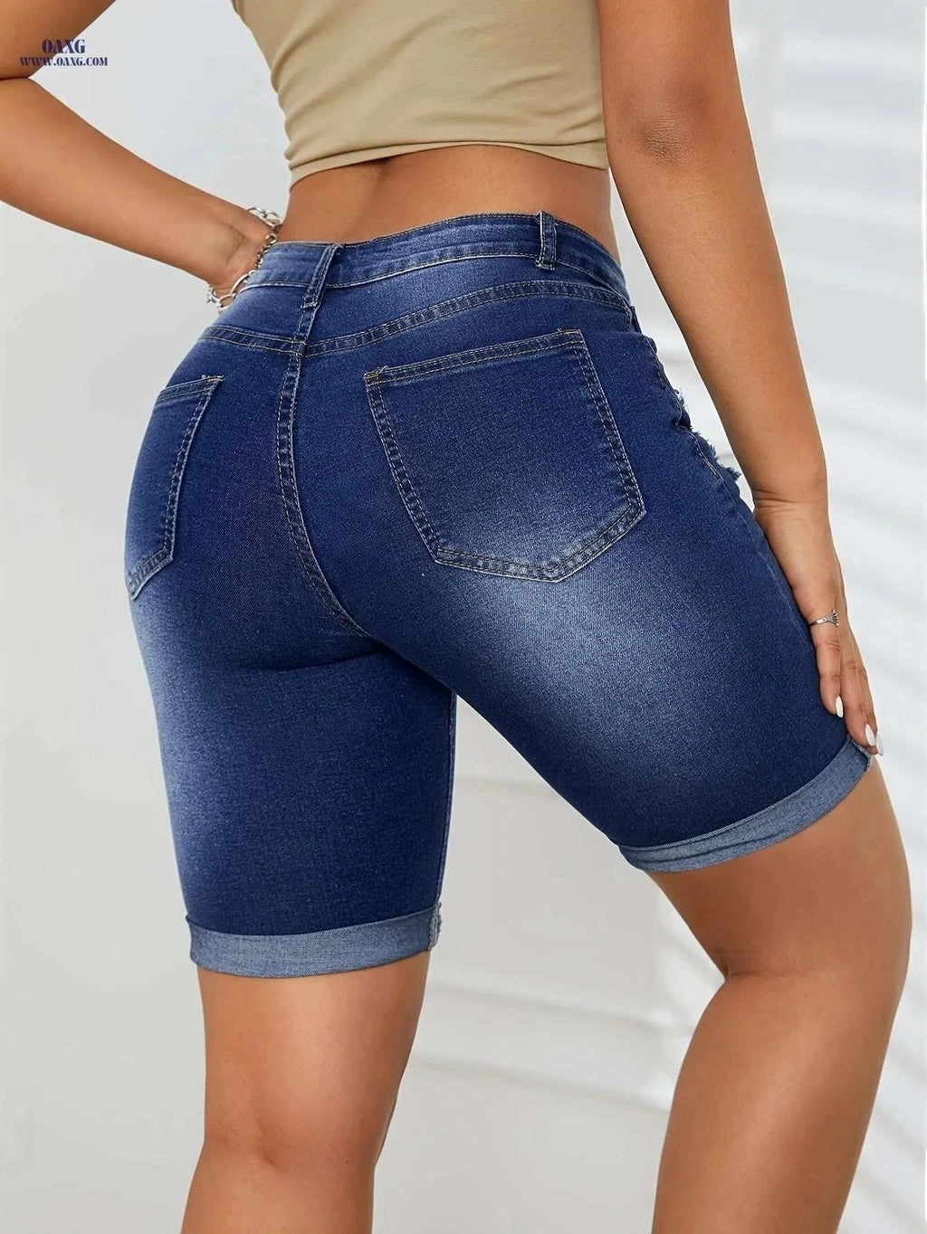 Women's High-Waisted Denim Bermuda Shorts - Distressed Knee Rips   OAXG Blue / XS