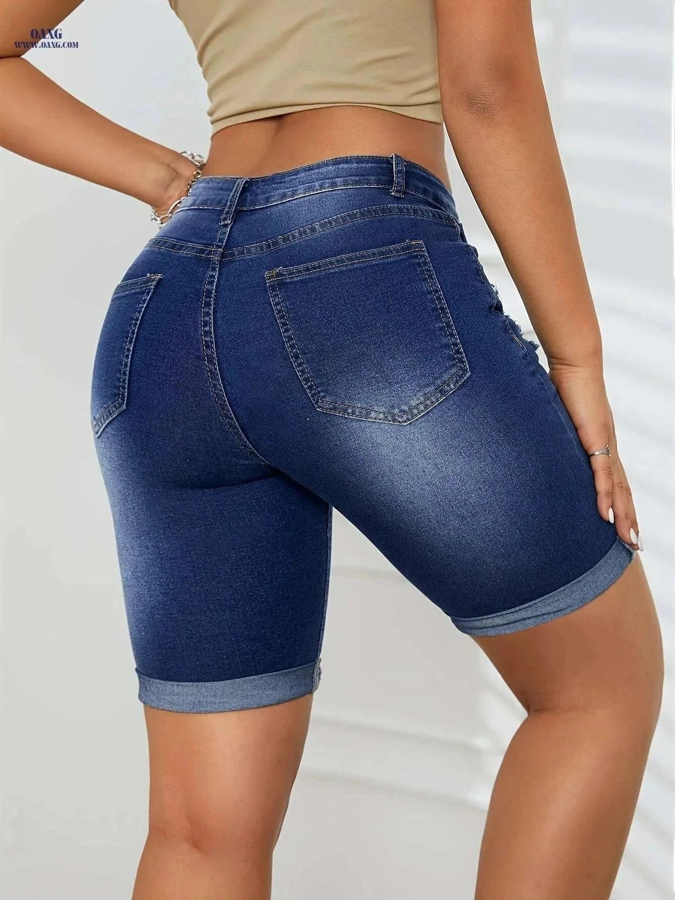 Women's High-Waisted Denim Bermuda Shorts - Distressed Knee Rips   OAXG Blue / XS