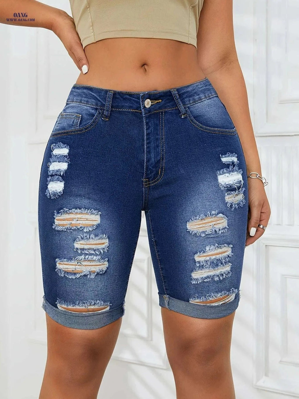 Women's High-Waisted Denim Bermuda Shorts - Distressed Knee Rips   OAXG Blue / XS