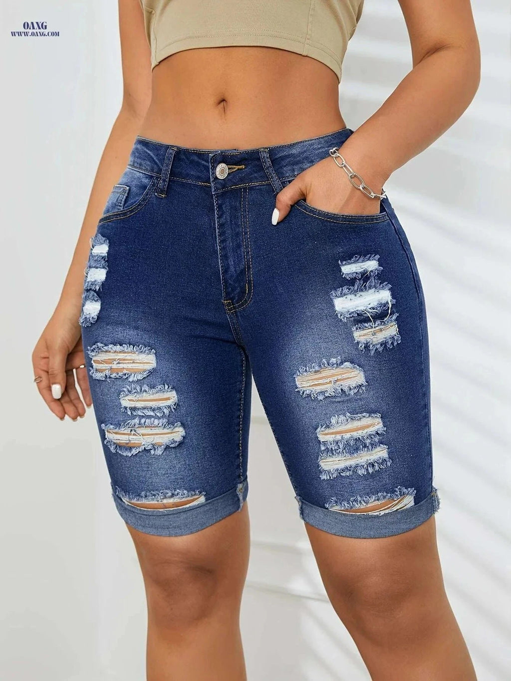 Women's High-Waisted Denim Bermuda Shorts - Distressed Knee Rips   OAXG Blue / XS