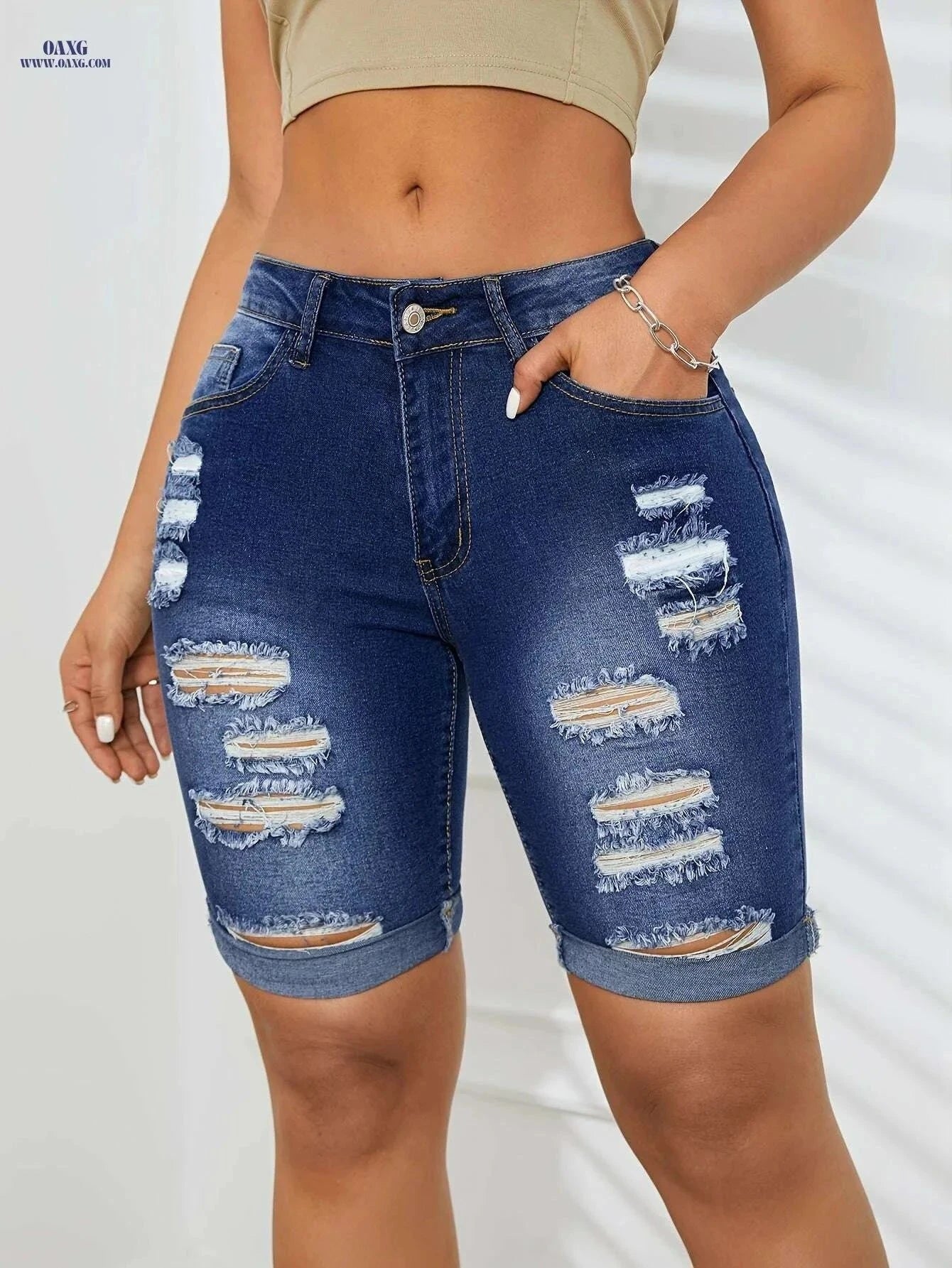 Women's High-Waisted Denim Bermuda Shorts - Distressed Knee Rips   OAXG Blue / XS