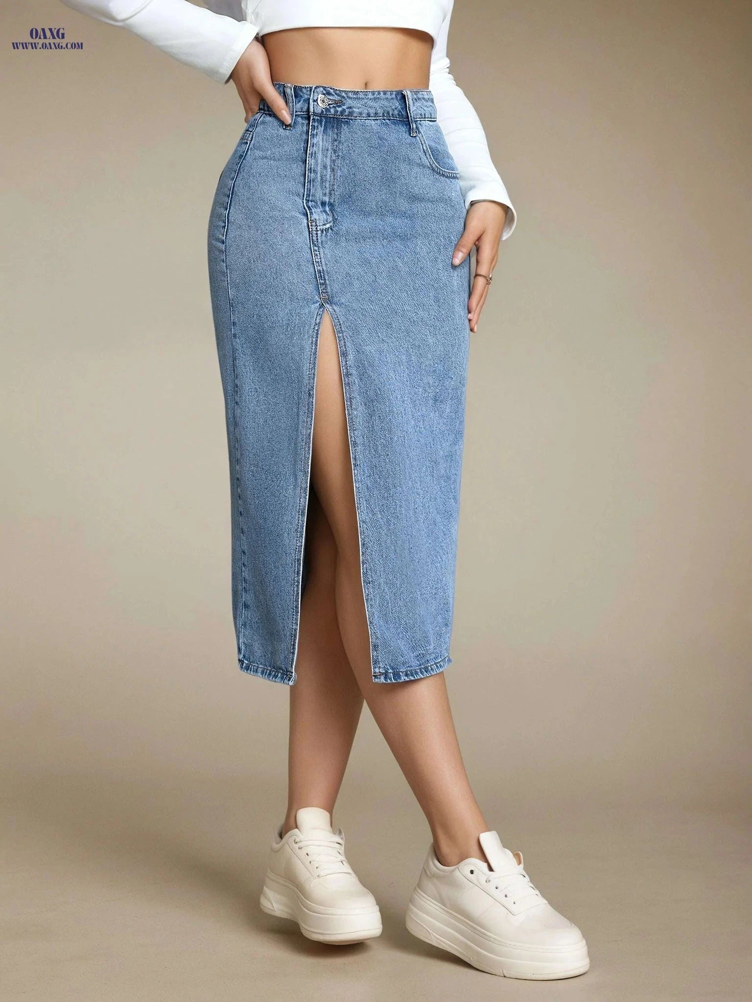 Women’s High-Waisted Denim Midi Skirt - Casual Stretch, Machine Washable   OAXG Blue / XS