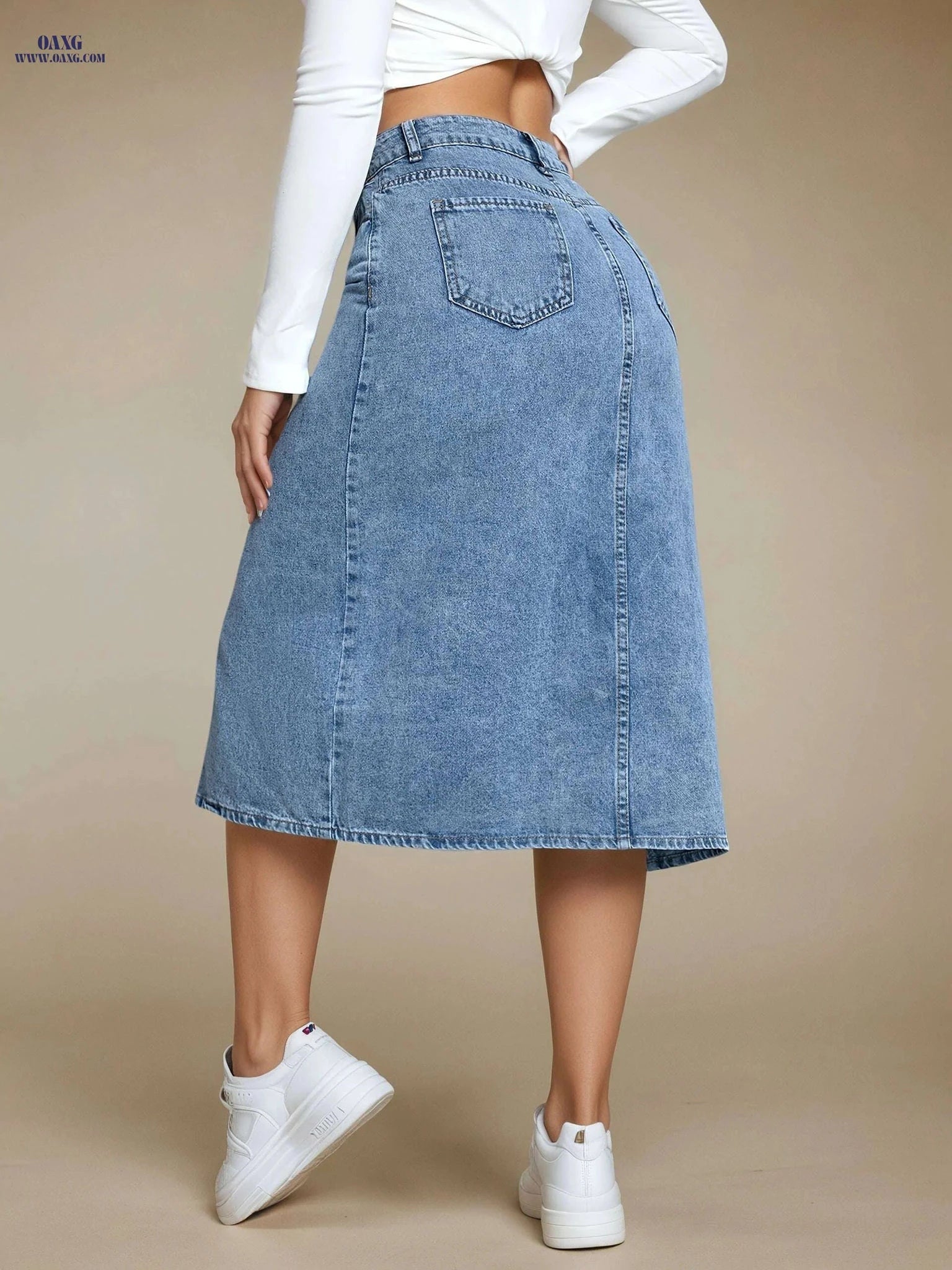 Women’s High-Waisted Denim Midi Skirt - Casual Stretch, Machine Washable   OAXG Blue / XS