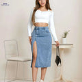 Women’s High-Waisted Denim Midi Skirt - Casual Stretch, Machine Washable   OAXG 