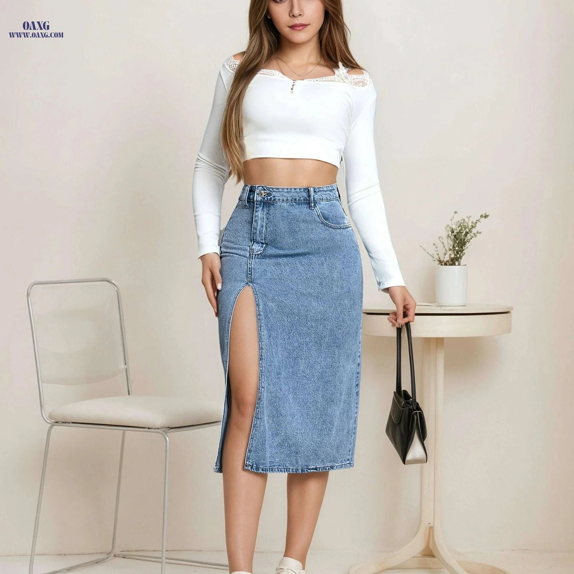 Women’s High-Waisted Denim Midi Skirt - Casual Stretch, Machine Washable   OAXG 