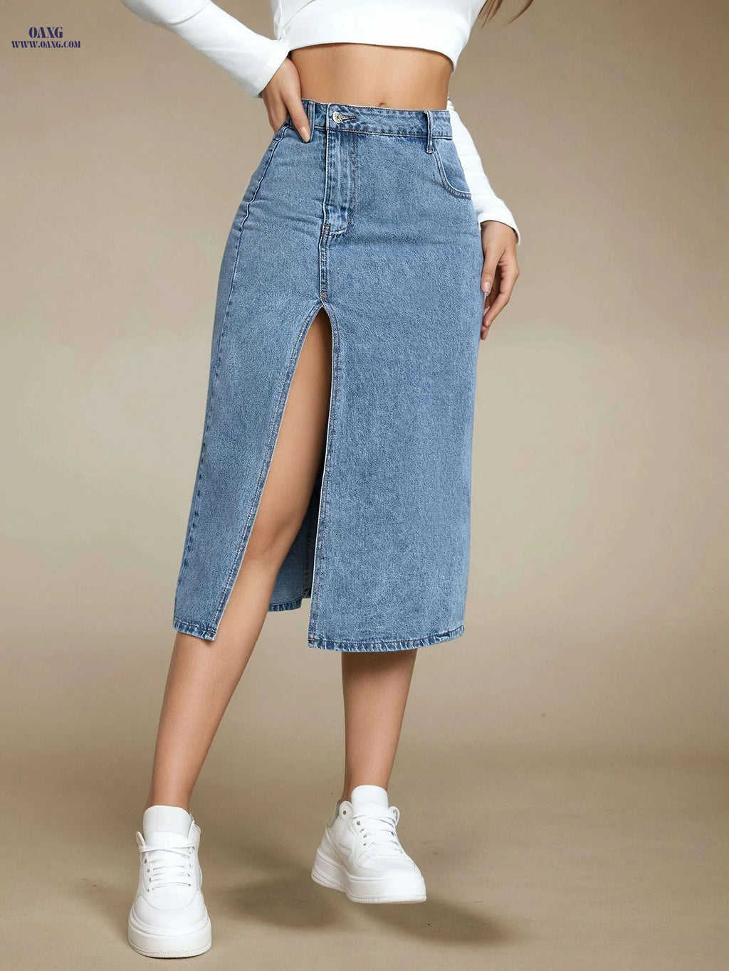 Women’s High-Waisted Denim Midi Skirt - Casual Stretch, Machine Washable   OAXG 