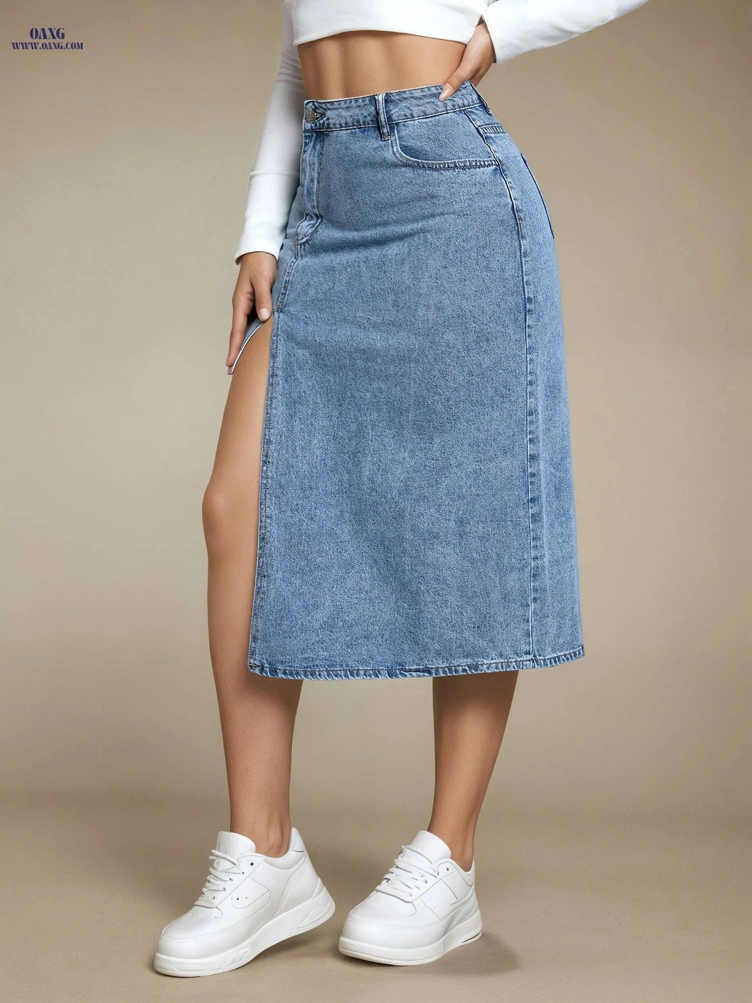 Women’s High-Waisted Denim Midi Skirt - Casual Stretch, Machine Washable   OAXG 