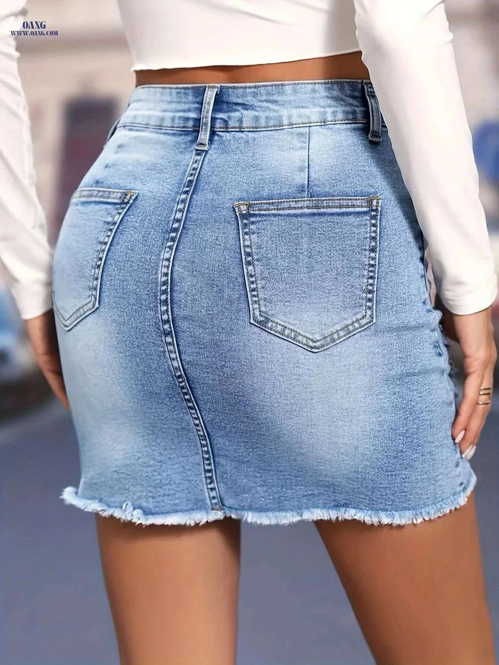 Women's High-Waisted Denim Mini Skirt - Slim Fit & Distressed Style   OAXG Blue / XS